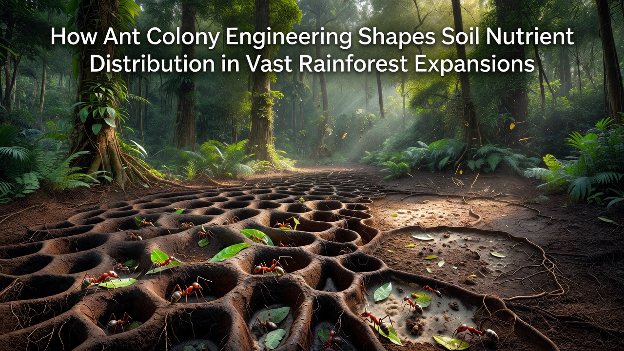 Aerial view of rainforest canopy with visible soil disturbance patterns from ant activity