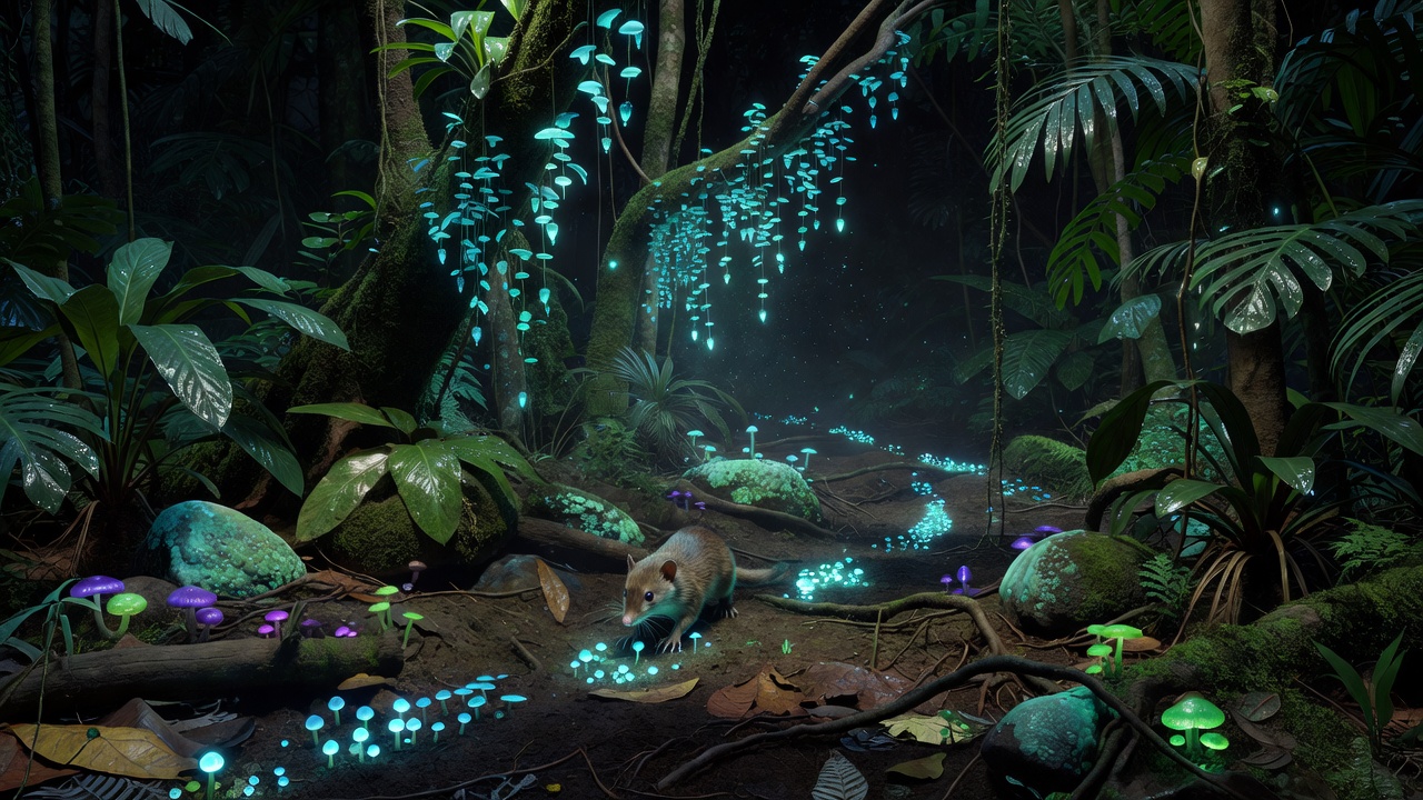 How Bioluminescent Organisms Guide Nighttime Navigation for Ground-Foraging Creatures in Dense Vegetation Zones