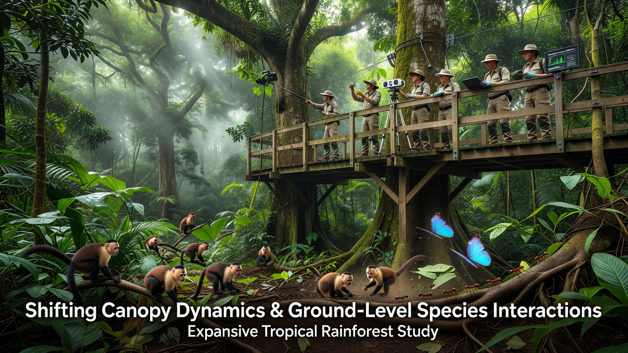 Close-up of ground-level tropical vegetation with diverse insects and small mammals interacting under variable light conditions
